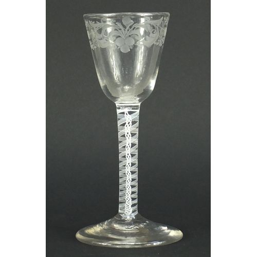 650 - Antique air twist wine glass etched with leaves, 16cm high
