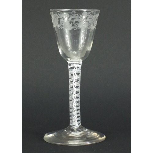 650 - Antique air twist wine glass etched with leaves, 16cm high