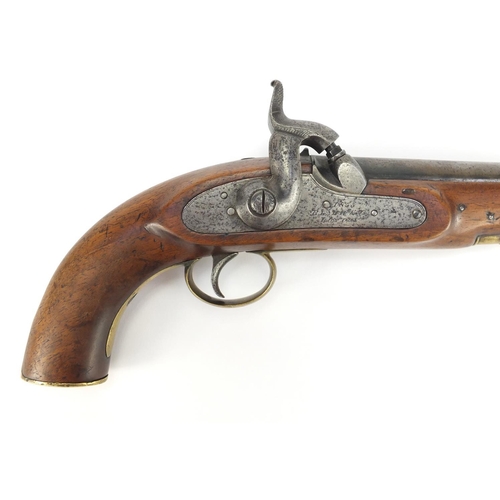 319 - Antique percussion cap pistol with brass mounts, by Blake & Co of London, 30cm in length