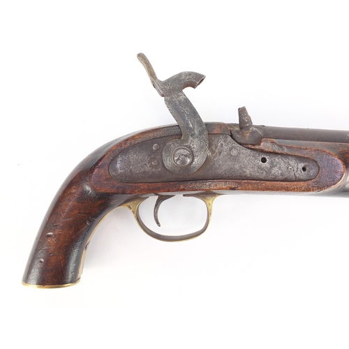 320 - Antique percussion cap pistol with brass mounts, 34cm in length