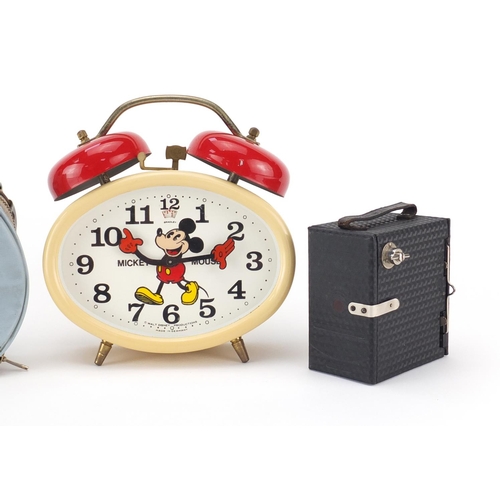 2460 - Vintage advertising comprising Ensign Mickey Mouse camera, Bradley Mickey Mouse alarm clock and a BO... 