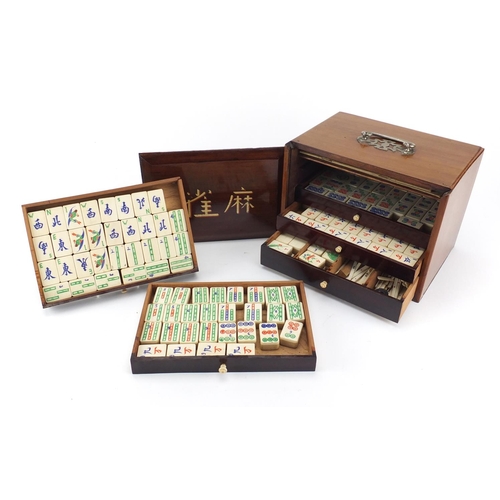 2294 - Vintage bone and bamboo Mahjong set by H P Gibson & Son, housed in a five drawer hardwood travel cas... 