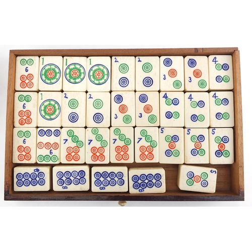 2294 - Vintage bone and bamboo Mahjong set by H P Gibson & Son, housed in a five drawer hardwood travel cas... 
