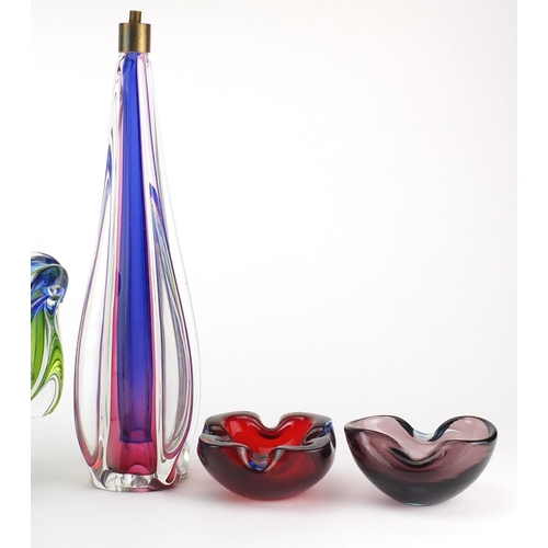 2447 - Colourful glassware including a Czech vase by Josef Hospodka and an Art Deco dish, the largest 37cm ... 