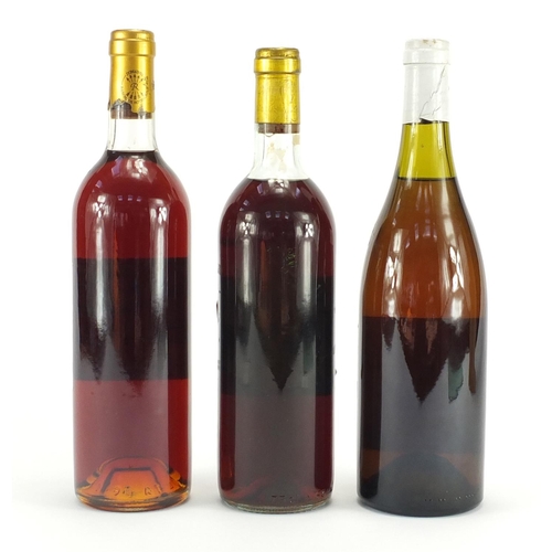 2451 - Three bottles of red wine comprising 1984 Château Rieussec Sauternes, 1978 Château Guiraud Sauternes... 