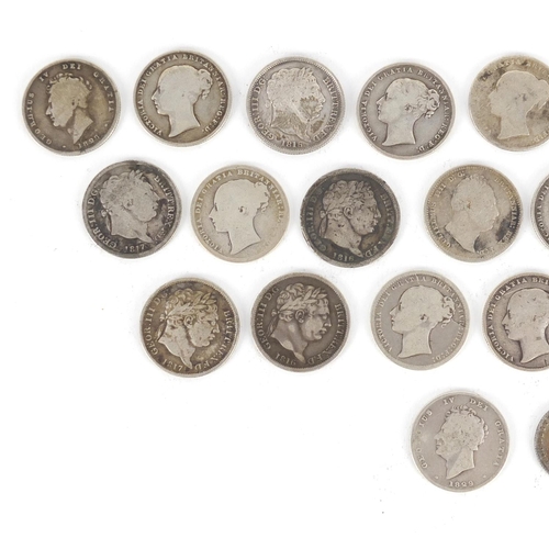 2654 - George III and later silver shillings together with a George IV 1826 six pence