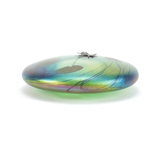 2341 - Glasform iridescent glass lily pad paperweight, mounted with a silver butterfly by John Ditchfield, ... 