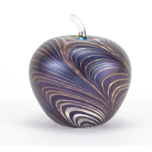 2342 - Glasform iridescent glass apple paperweight, with combed decoration by John Ditchfield, etched marks... 