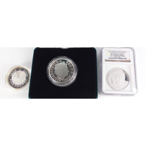 2638 - Silver proof coins including a 2015 piefort Sir Winston Churchill 50th Anniversary of Death five pou... 