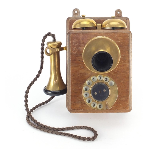 139 - Vintage GPO oak and brass wall telephone, impressed marks to the reverse, 24cm high