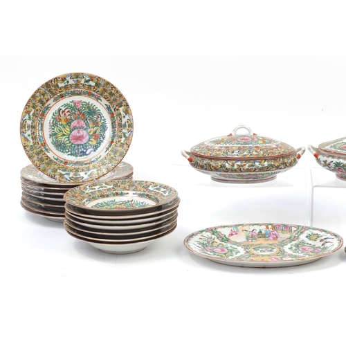 2412 - Chinese porcelain Canton dinnerware including lidded tureen and plates, all hand painted in the fami... 