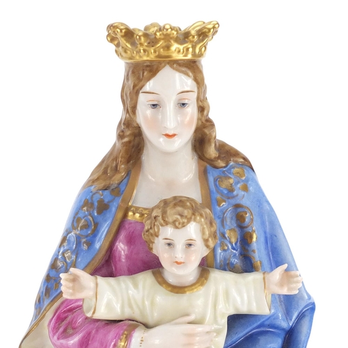 2444 - Continental hand painted porcelain figure group of Madonna and child, 36.5cm high