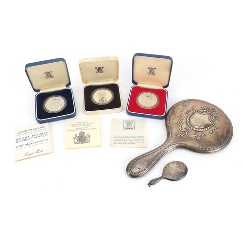2603 - Three silver proof commemorative crowns and two silver hand mirrors including miniature example