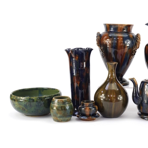 2471 - Denby pottery including three large vases, teapot on stand and a pair of miniature planters on stand... 