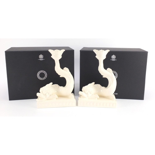 2441 - Pair of Wedgwood and Bentley cream ware dolphin candlesticks with boxes, each 25cm high