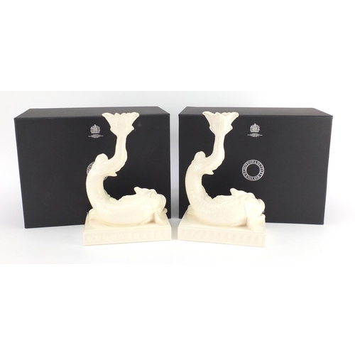 2441 - Pair of Wedgwood and Bentley cream ware dolphin candlesticks with boxes, each 25cm high