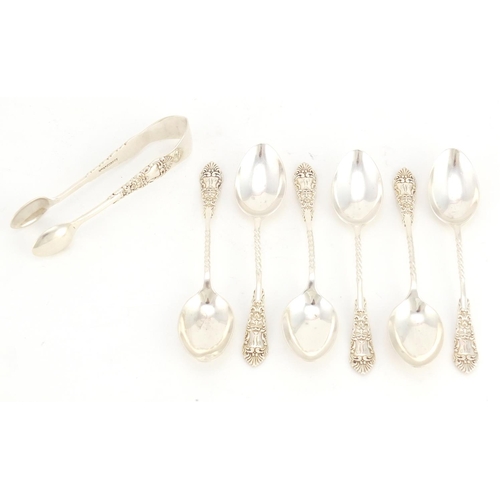 2612 - Set of six silver teaspoons and sugar tongs by William Aitken, Chester 1901, 10.5cm in length, 76.5g