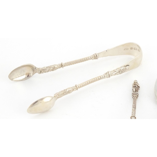 2609 - Three Edwardian silver apostle spoons and sugar tongs by Synyer & Beddoes, Birmingham 1903, the suga... 