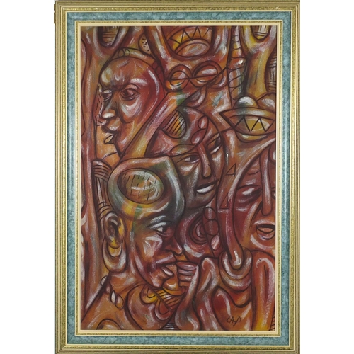 113 - Abstract composition, African figures, oil on canvas, bearing a monogram, framed, 76cmx 49cm