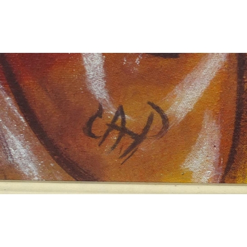 113 - Abstract composition, African figures, oil on canvas, bearing a monogram, framed, 76cmx 49cm