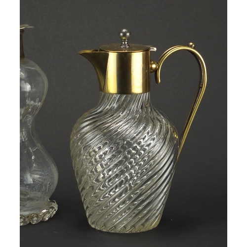 687 - Victorian glass decanter, scent bottle and jug, two with silver mounts