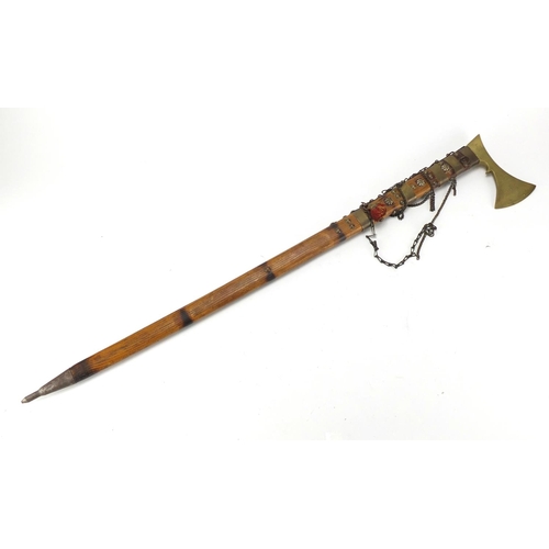 871 - Medieval style axe with brass head, 90cm in length