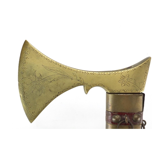 871 - Medieval style axe with brass head, 90cm in length