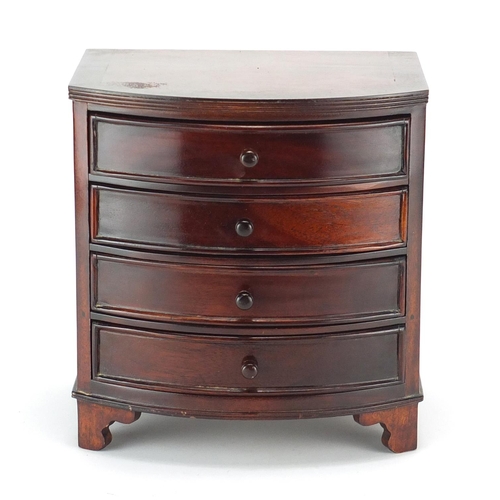 171 - Mahogany  bow front four drawer jewellery chest, 24cm H x 22.5cm W x 18cm D