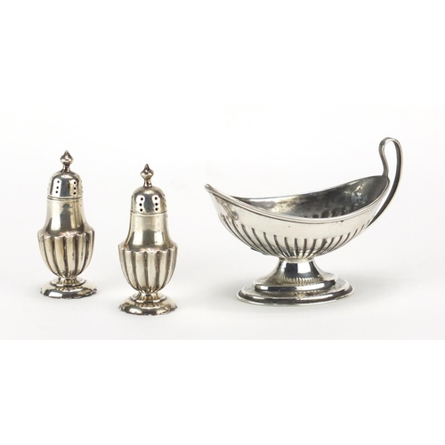 690 - Pair of miniature silver demi fluted casters and a Victorian silver pedestal dish, Birmingham and Lo... 