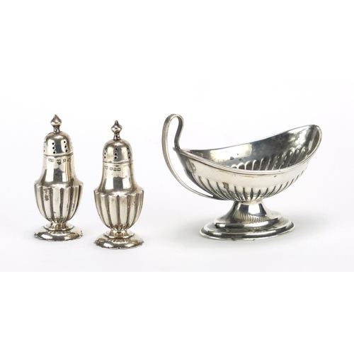 690 - Pair of miniature silver demi fluted casters and a Victorian silver pedestal dish, Birmingham and Lo... 