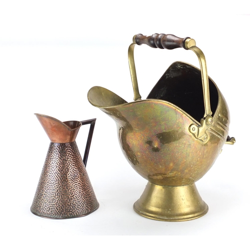 436 - Arts & Crafts copper flagon and a Victorian brass coal scuttle
