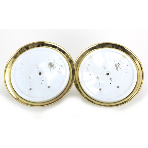 139 - Pair of circular glass and brass light fittings, 29.5cm in diameter