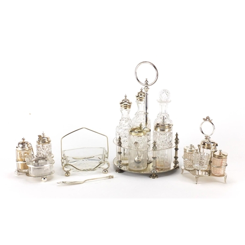 183 - Silver plate including three cruet stands with cut glass bottles