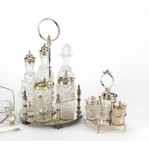 183 - Silver plate including three cruet stands with cut glass bottles