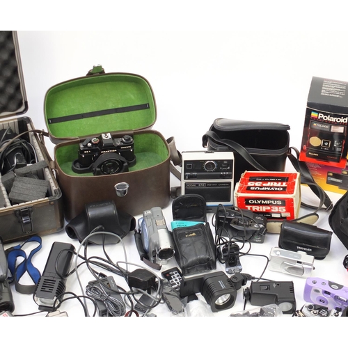 396 - Vintage and later cameras, camcorders, lenses and accessories including Pentax, Panasonic, Olympus, ... 