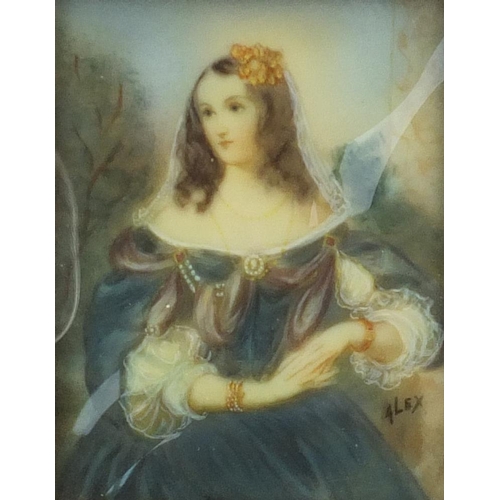167 - Rectangular portrait miniature of a female, housed in an ornate gilt frame and red velvet mount, 8.2... 