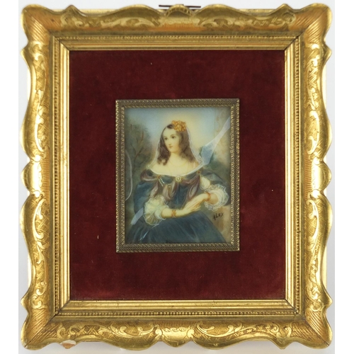 167 - Rectangular portrait miniature of a female, housed in an ornate gilt frame and red velvet mount, 8.2... 