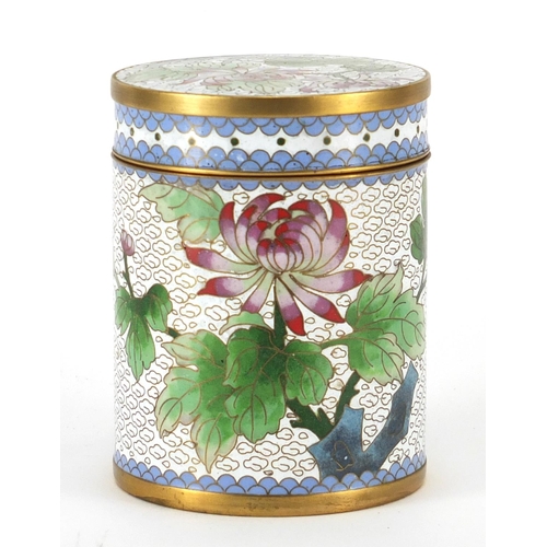 275 - Chinese cylindrical cloisonné pot and cover, 11cm high