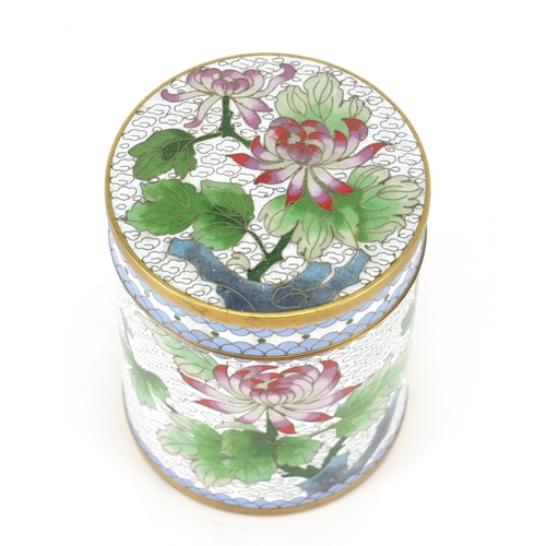 275 - Chinese cylindrical cloisonné pot and cover, 11cm high