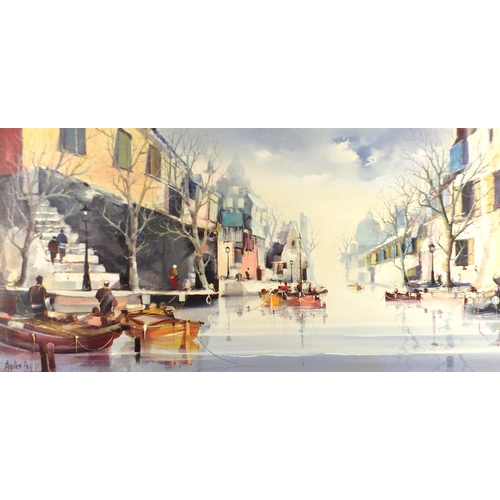1249 - Jorge Aquilar - City waterway, oil on canvas, Stacy Marks label and insurance valuation verso, mount... 