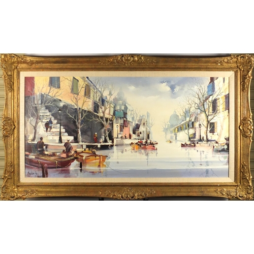 1249 - Jorge Aquilar - City waterway, oil on canvas, Stacy Marks label and insurance valuation verso, mount... 