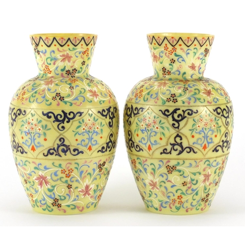 668 - Pair of 19th century yellow opaline glass vases, hand painted with stylised flowers and foliage, eac... 