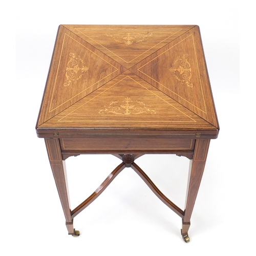 2030 - Victorian inlaid rosewood envelope card table, with baize lined interior, 75cm H x 56cm W x 56cm D