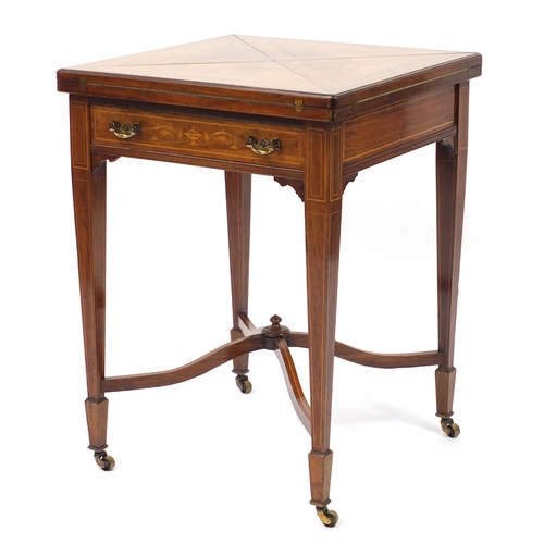 2030 - Victorian inlaid rosewood envelope card table, with baize lined interior, 75cm H x 56cm W x 56cm D