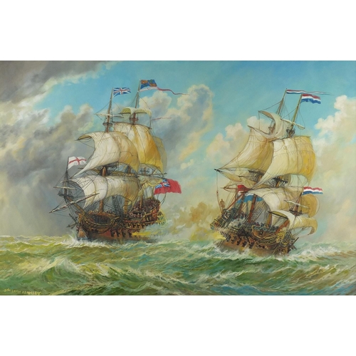 2181 - Andrew Kennedy - Battleships on choppy seas, oil on canvas, mounted and framed, 90cm x 60cm