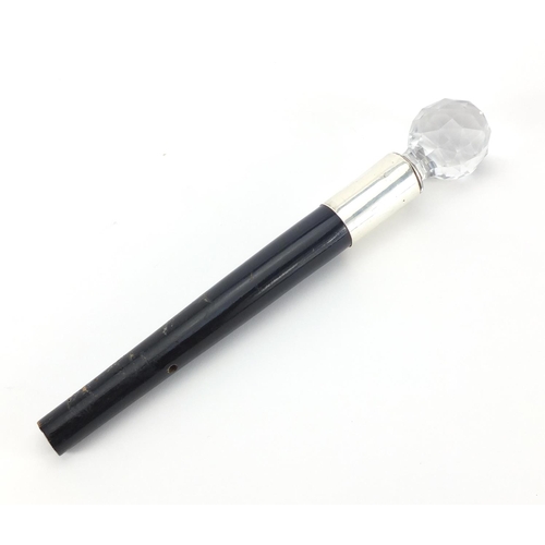 2539 - Ebonised walking stick handle with crystal pommel and sterling silver mount, 31cm in length