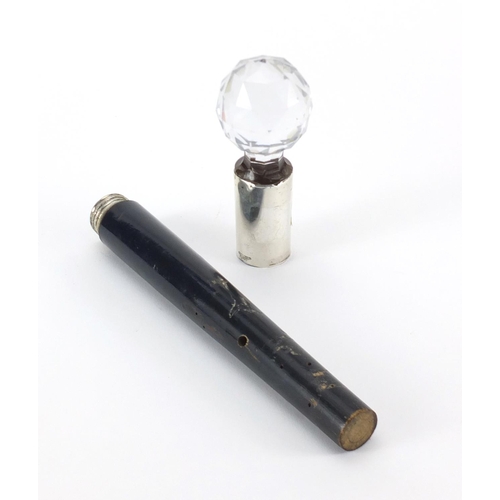 2539 - Ebonised walking stick handle with crystal pommel and sterling silver mount, 31cm in length