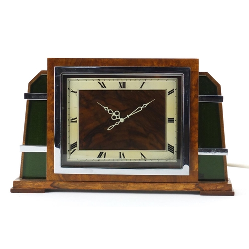 2405 - Art Deco burr walnut mantel clock by Smiths, with silvered chapter ring and Roman numerals, 19.5cm h... 