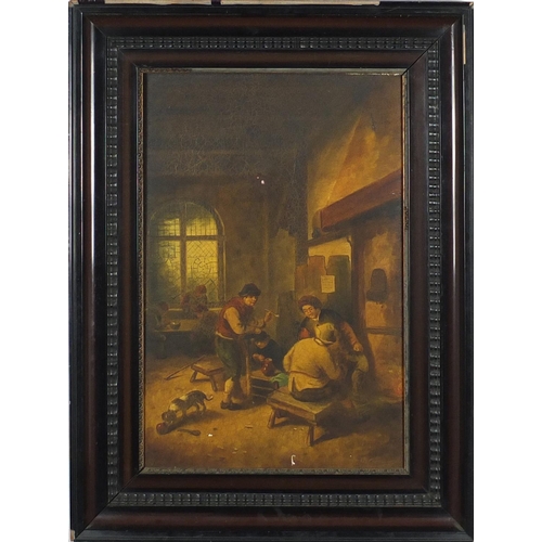 648 - 19th century porcelain panel hand painted with a tavern scene, indistinctly signed, framed, the pane... 