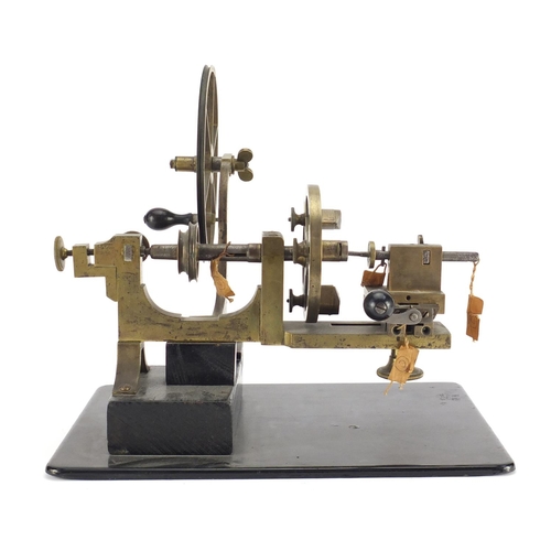 19 - Antique watchmakers lathe with ebonised handles, 37cm wide